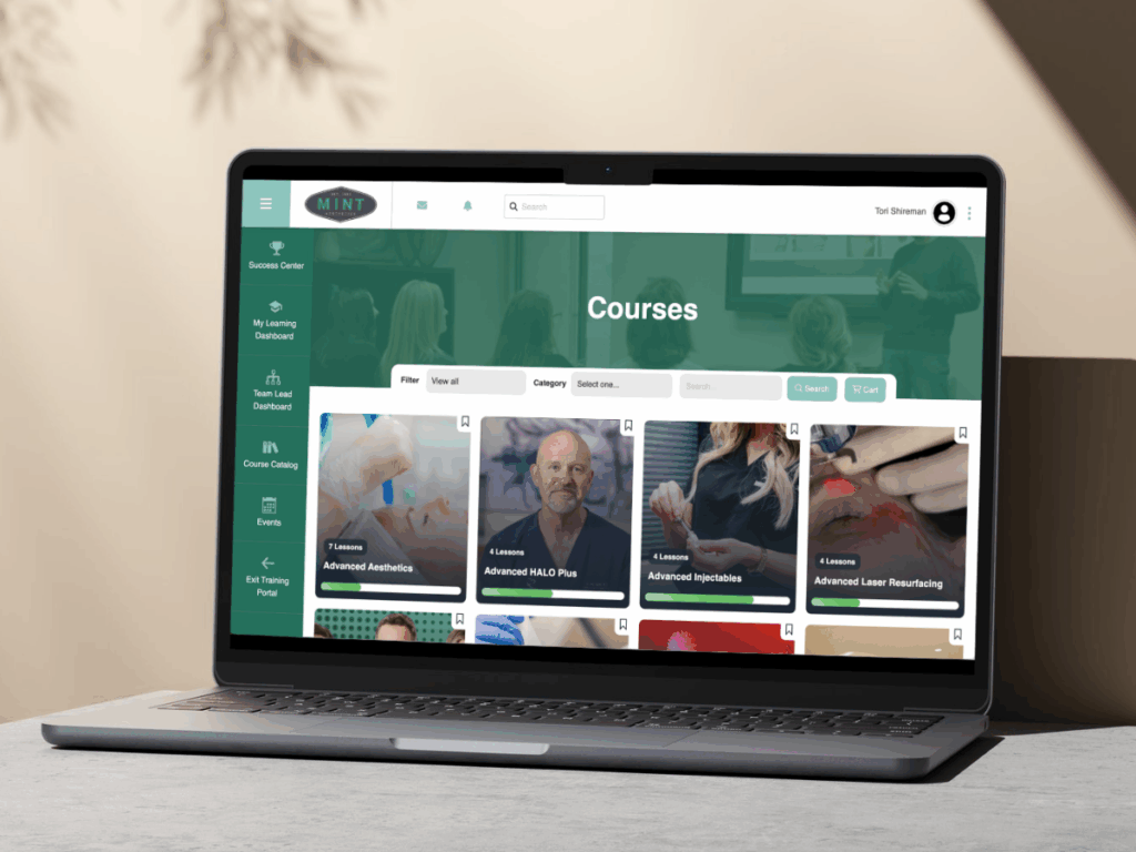 MINT E-course catalog with Sciton courses on business and clinical topics.