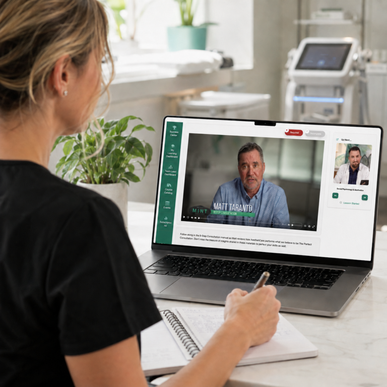Aesthetic provider taking notes while completing a MINT Aesthetics online e-course on a laptop in a treatment room.